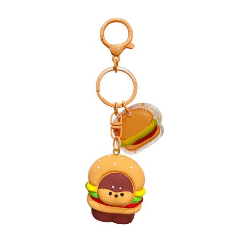 Burger dog keychain charm on white background