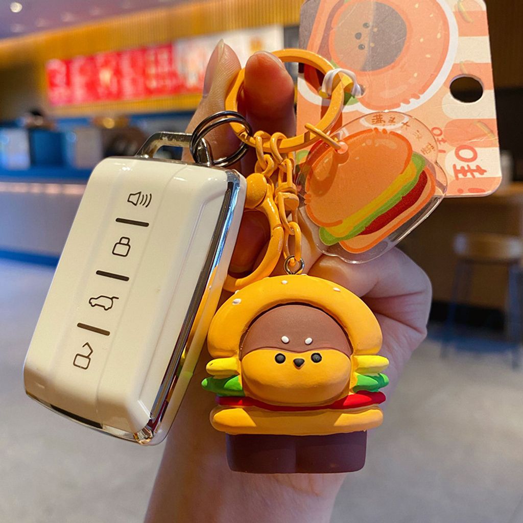 Cute foodie dog keychain charm burger dog design attached to car keys