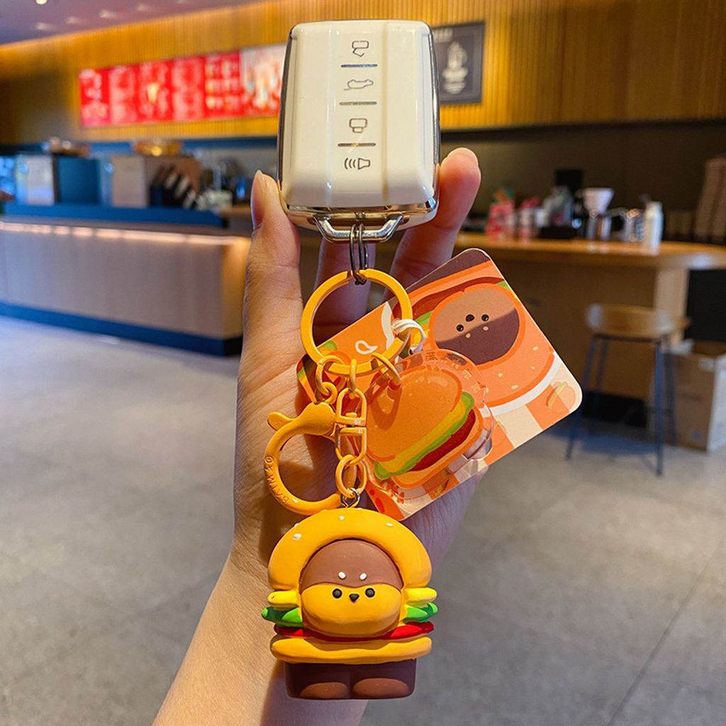 Cute foodie dog keychain charm burger dog design attached to car keys