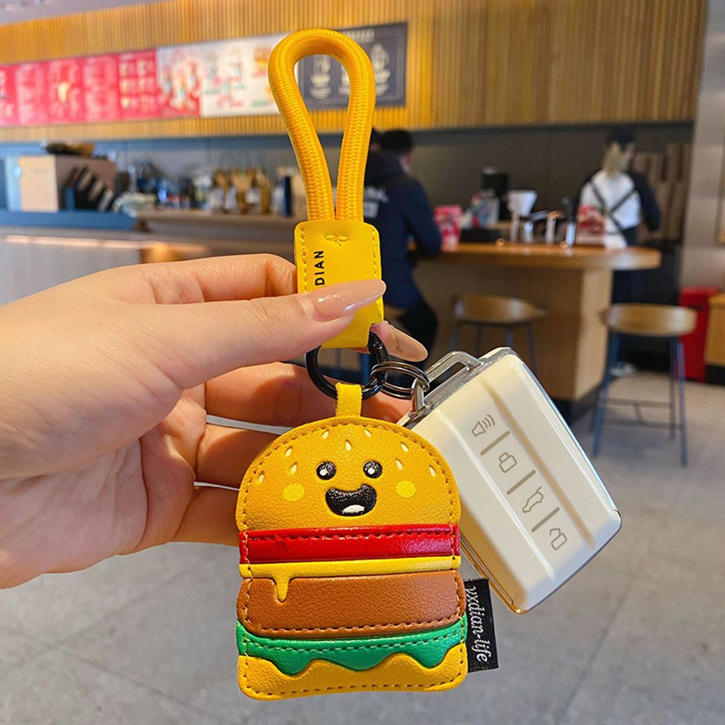Cute faux leather food keychain charm burger design attached to car keys