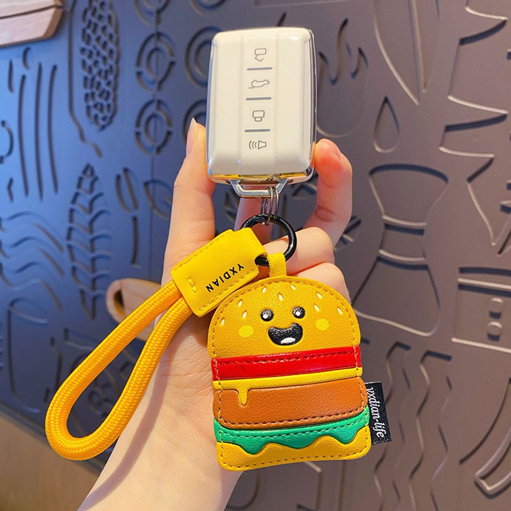 Cute faux leather food keychain charm burger design attached to car keys