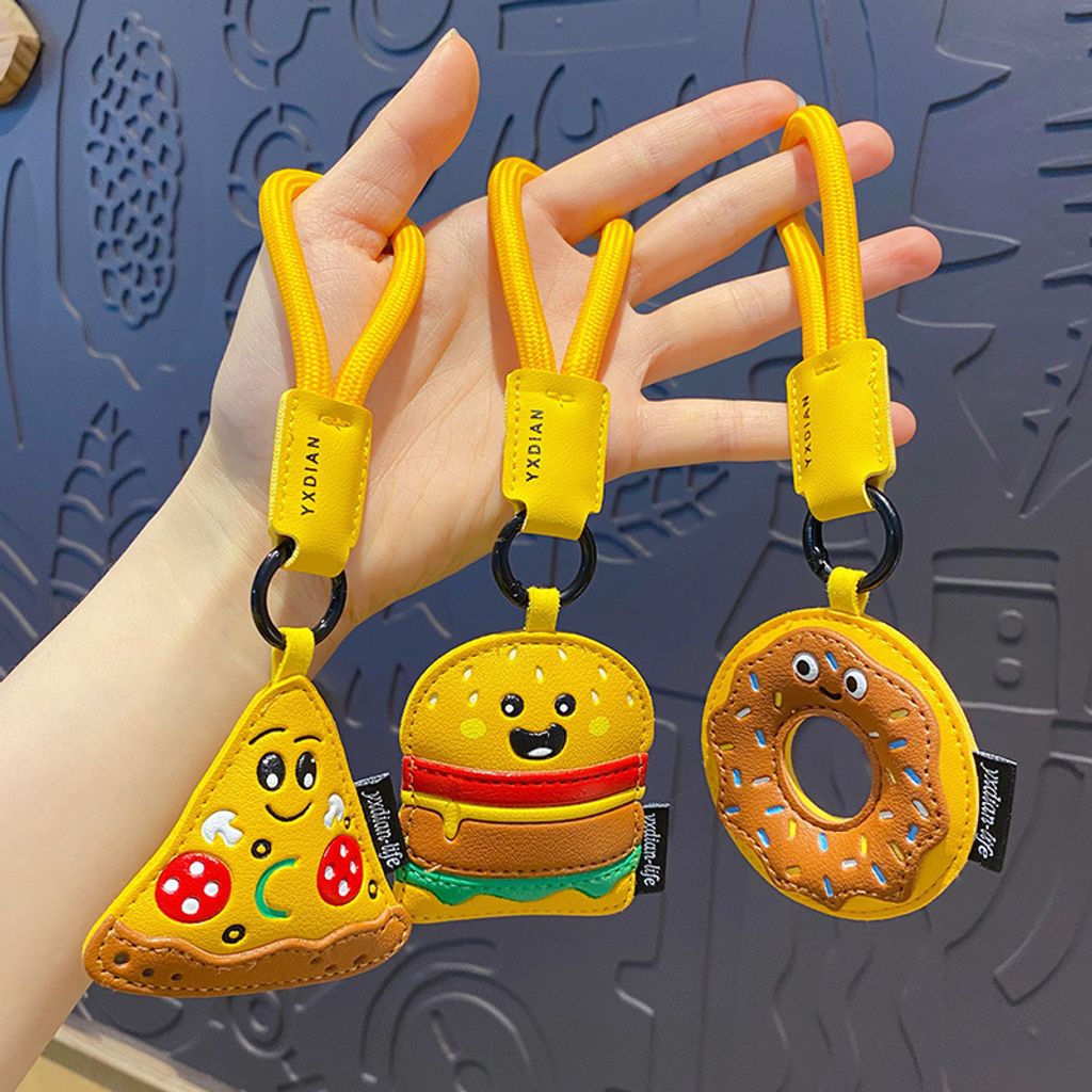 Cute faux leather food keychain charms showing all three designs