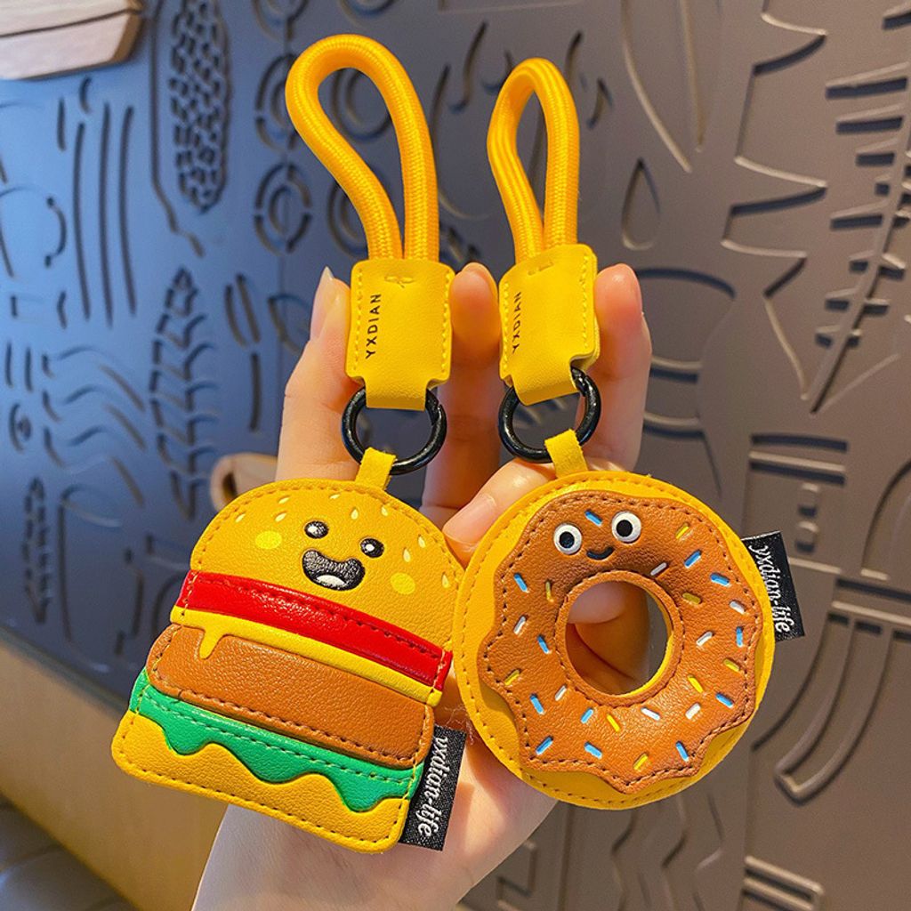 Cute faux leather food keychain charms burger and donut designs