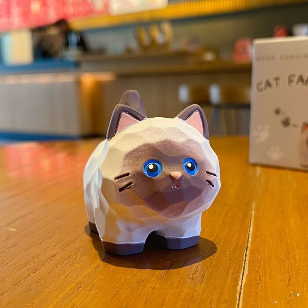 Cute cat family wood carving style mini figurine Siamese Cat variant
