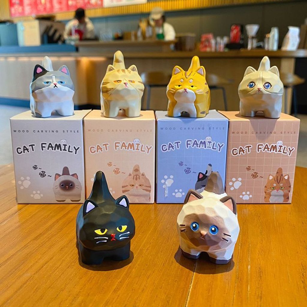 Cute cat family wood carving style mini figurines showing all six designs
