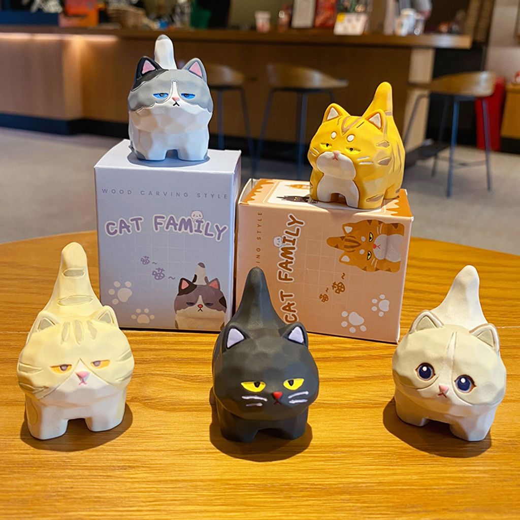 Cute cat family wood carving style mini figurines showing multiple designs