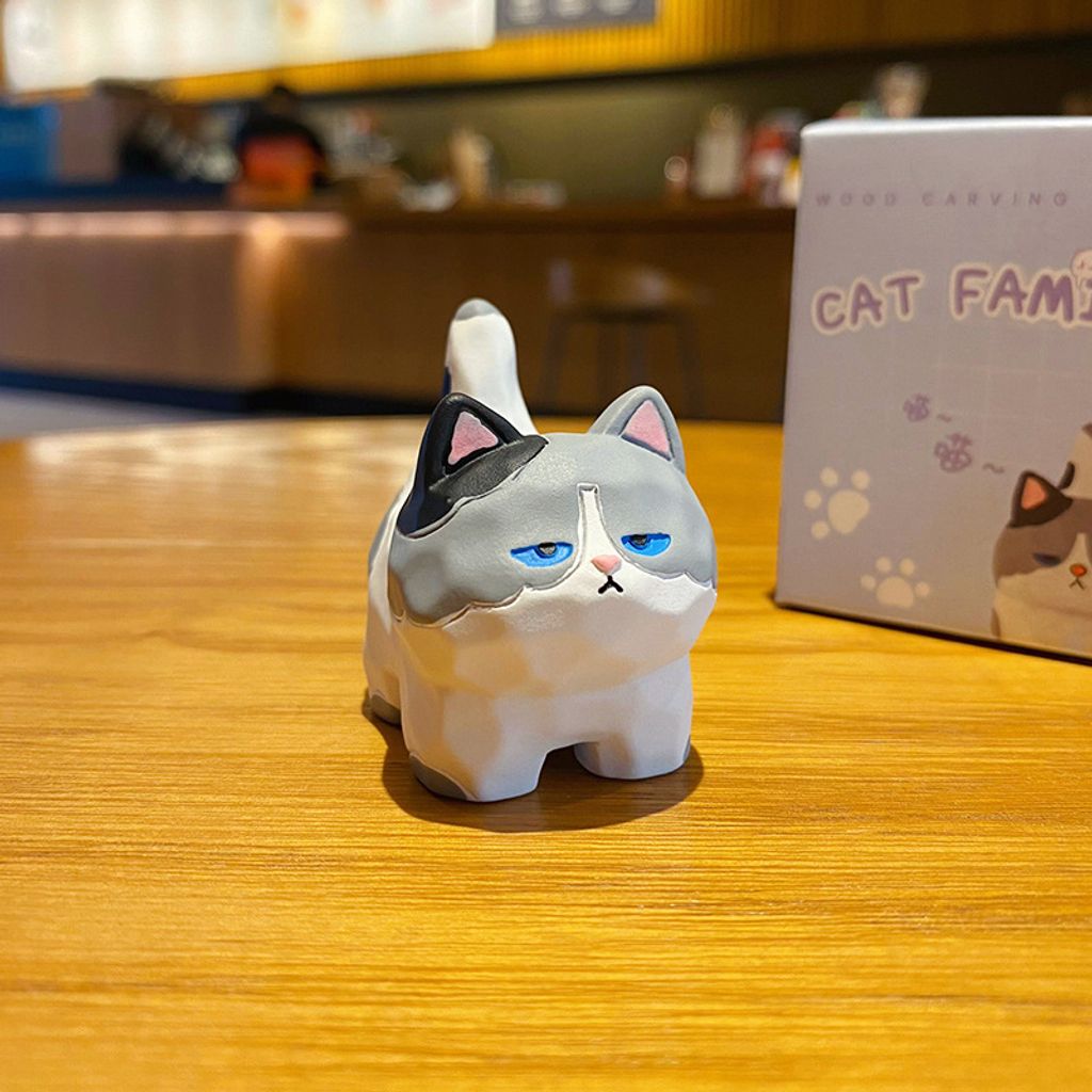 Cute cat family wood carving style mini figurine Blue and White Cat variant