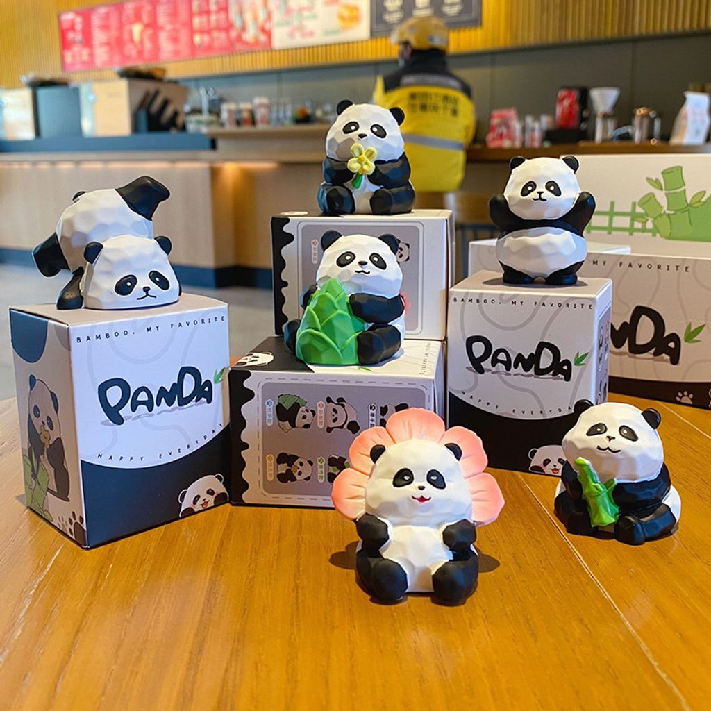 Cute panda wood carving style mini figurines showing all six designs