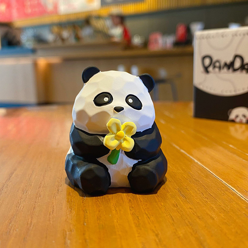 Flower-viewing panda mini figurine