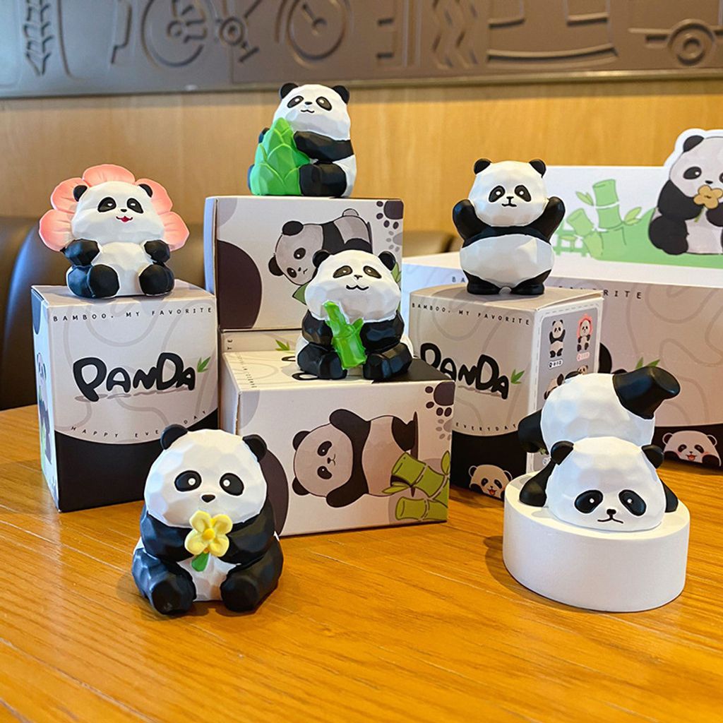 Cute panda wood carving style mini figurines showing all six designs