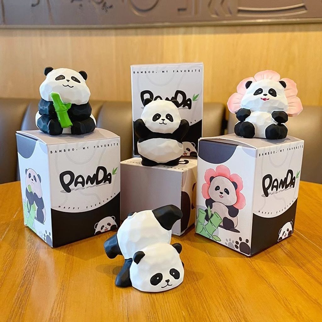 Cute panda wood carving style mini figurines showing multiple designs