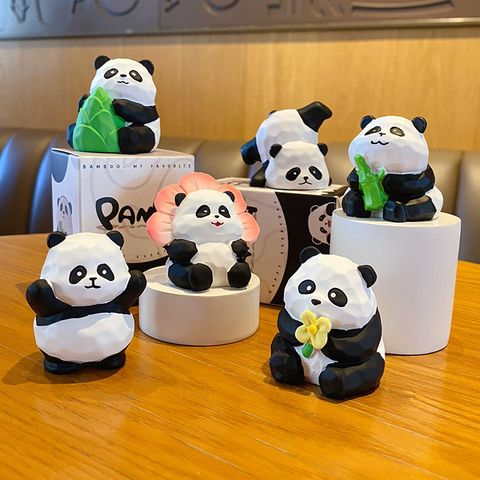 Cute panda wood carving style mini figurines showing all six designs