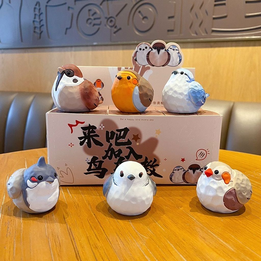 Cute chirpy bird wood carving style mini figurines showing all six designs