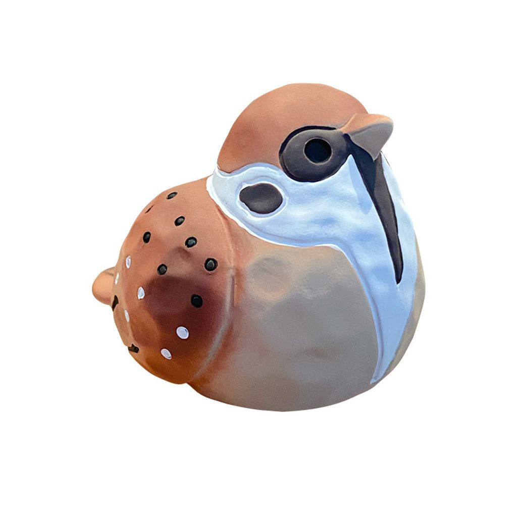 Cute chirpy bird wood carving style mini figurine tree sparrow design on white background