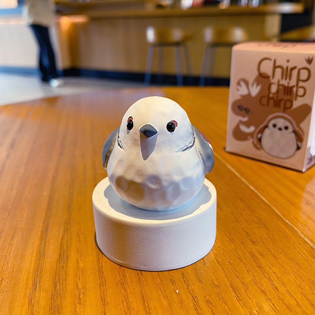 Cute chirpy bird wood carving style mini figurine long-tailed tit variant