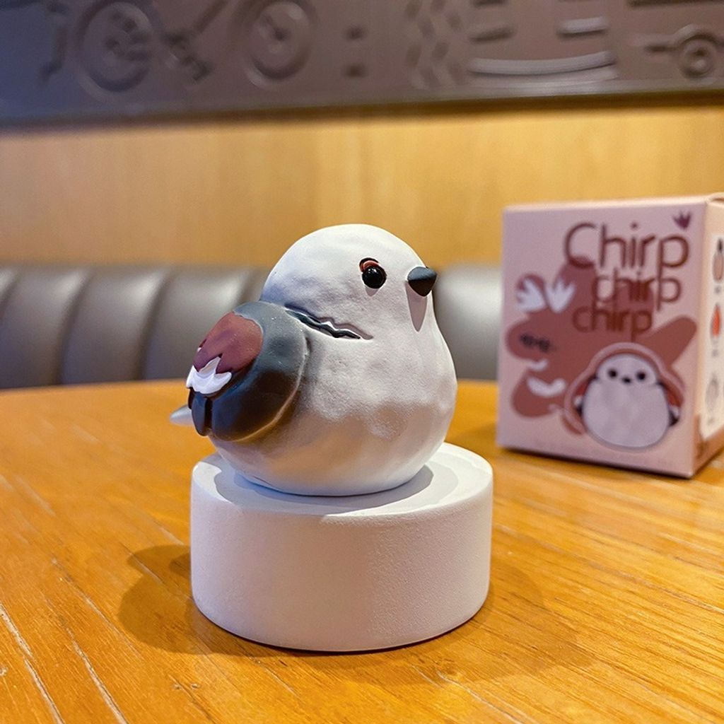 Cute chirpy bird wood carving style mini figurine long-tailed tit design