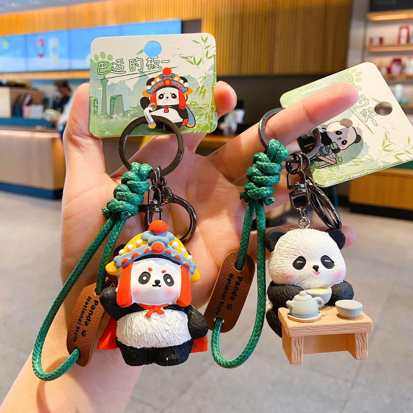 Face-changing panda and gaiwan tea panda keychain charms
