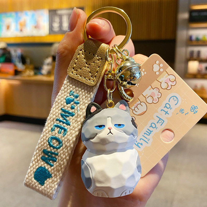 Blue and white cat keychain charm