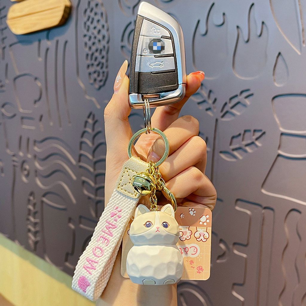 Ragdoll cat keychain charm attached to a car key fob