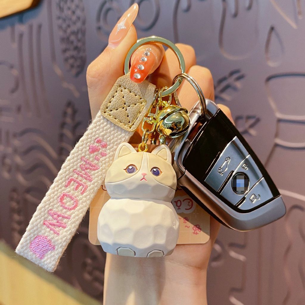 Ragdoll cat keychain charm attached to a car key fob