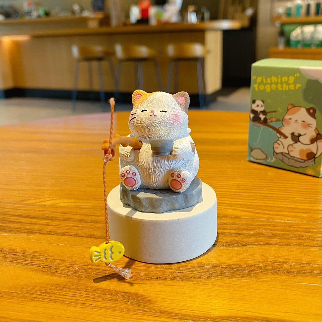 Calico cat fishing mini figurine