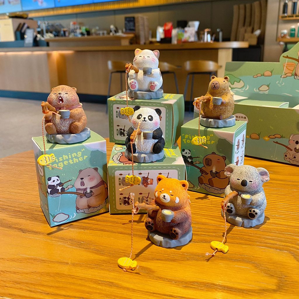 Oriental-style cute pet fishing mini figurines featuring all six designs
