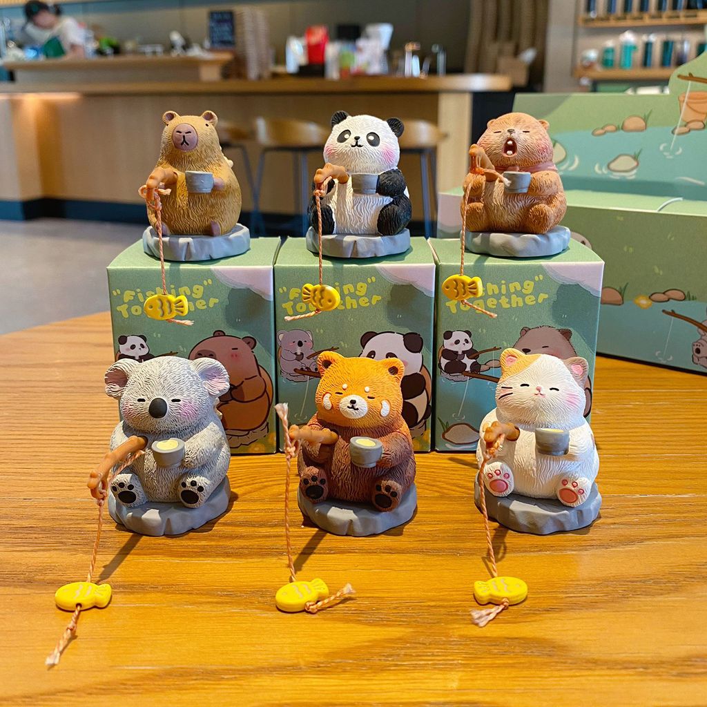 Oriental-style cute pet fishing mini figurines featuring all six designs
