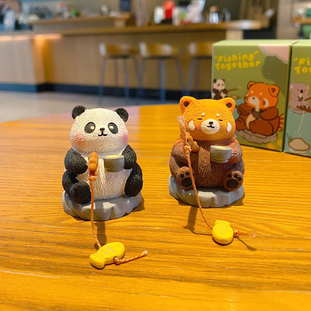 Panda fishing and red panda fishing mini figurines