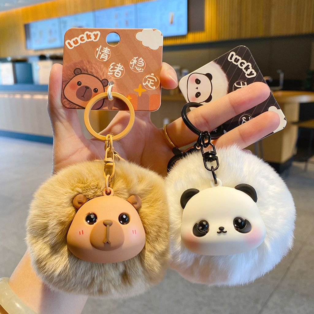 Capybara and panda pom pom keychain charms