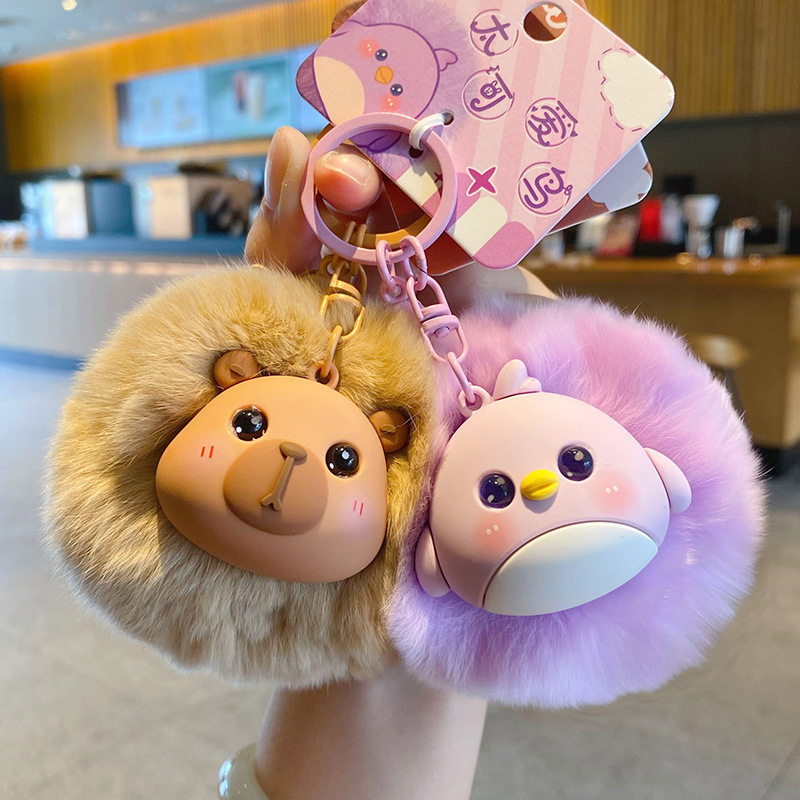 Capybara and bird pom pom keychain charms