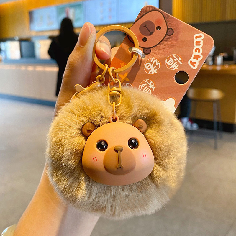 Capybara pom pom keychain charm
