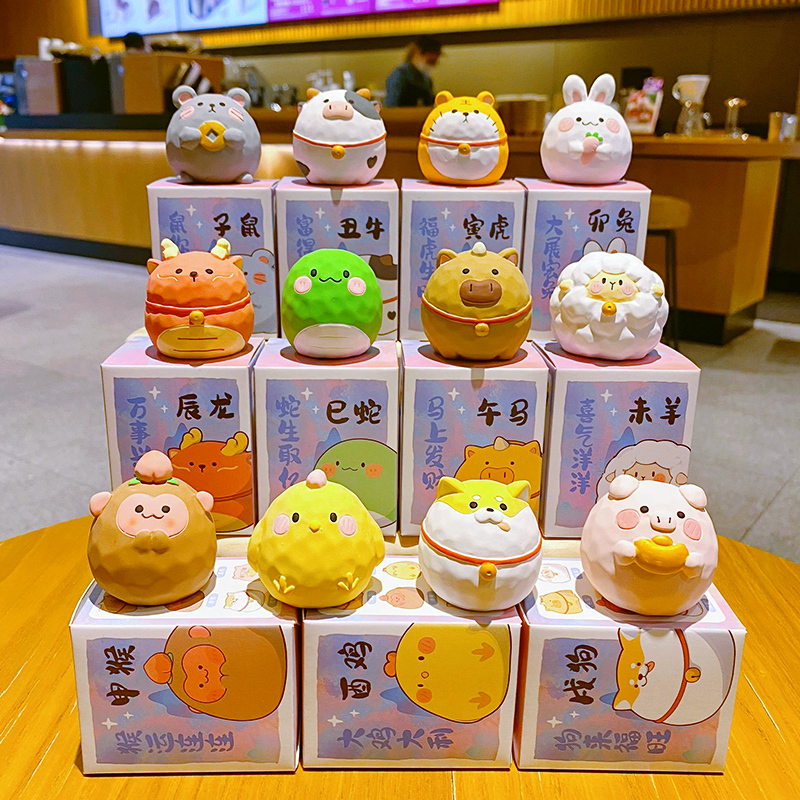 Cute round Chinese Zodiac mini figurines featuring all twelve animals in a wood-carving style design