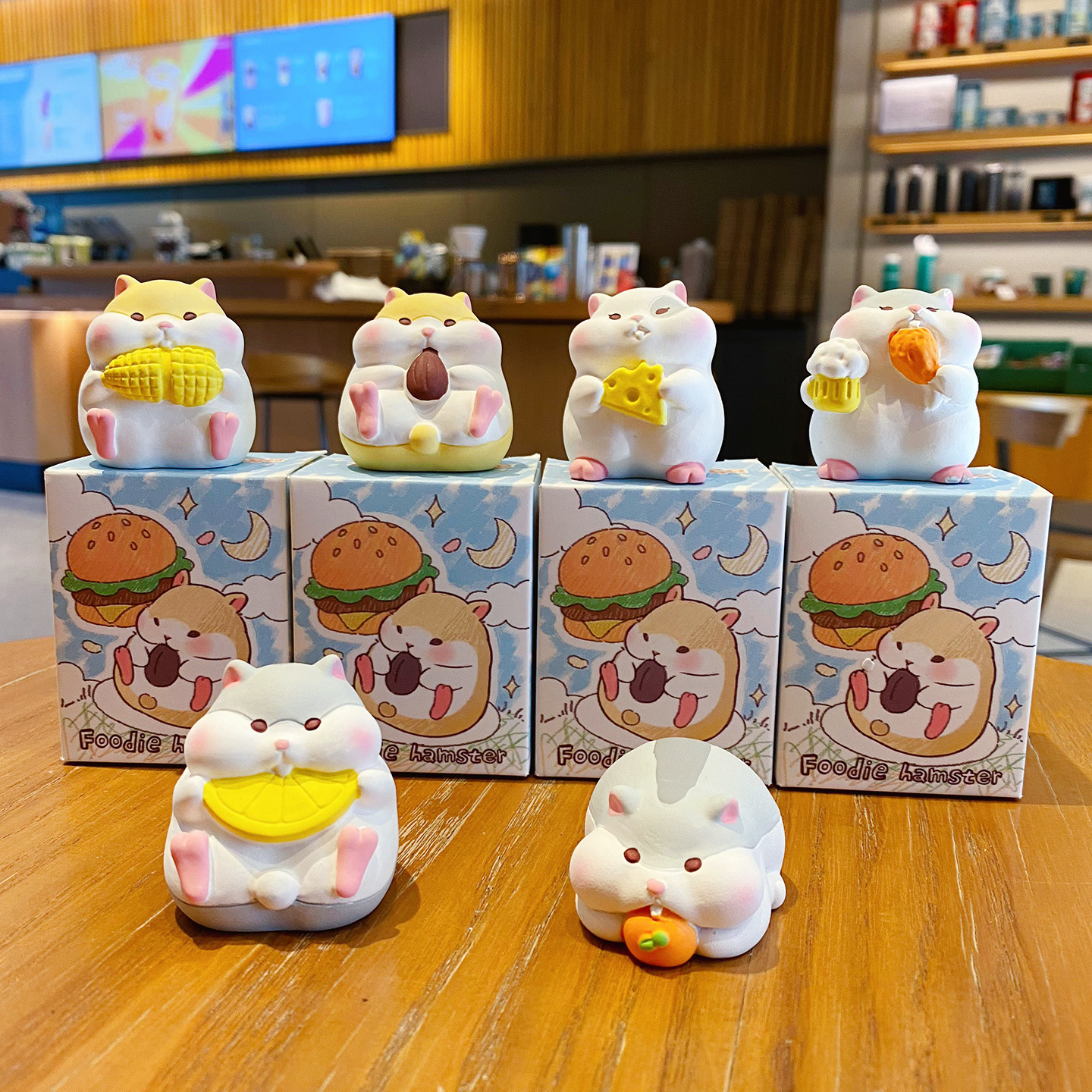 Foodie hamster mini figurines featuring all six designs displayed together