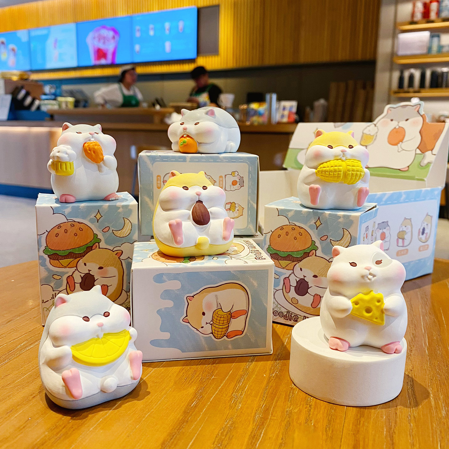 Foodie hamster mini figurines featuring all six designs displayed together