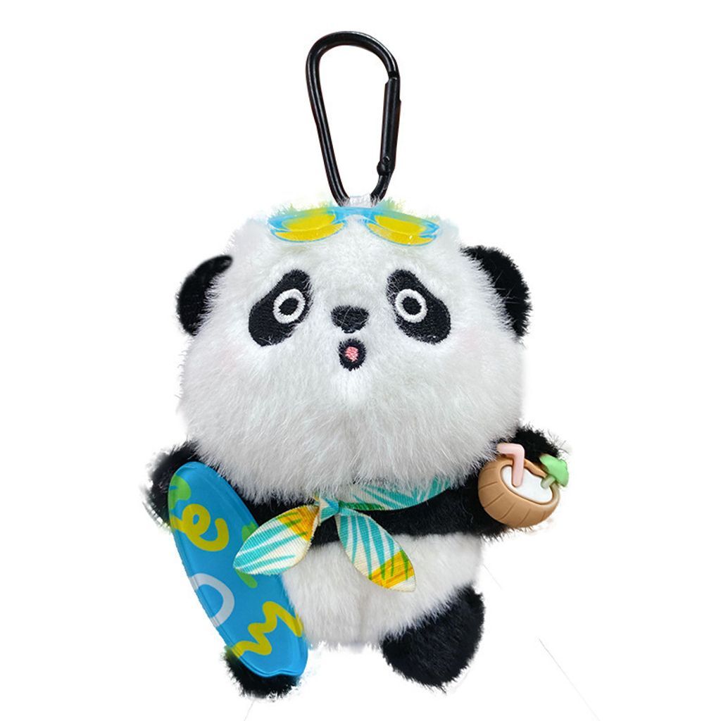Panda plush skateboard keychain charm on white background