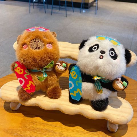 Panda and capybara plush skateboard keychain charms