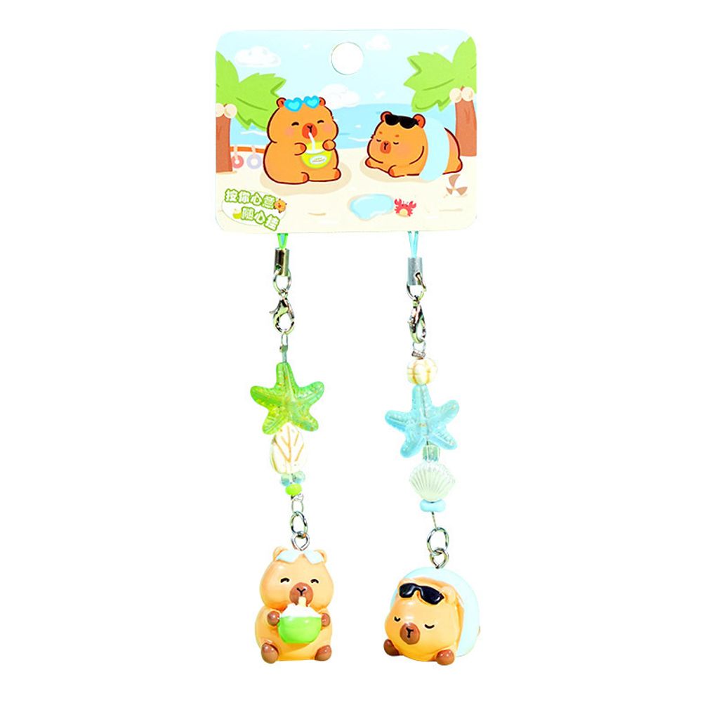 Beach capybara beaded keychain charm pair on white background