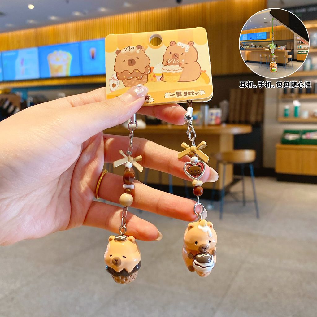 Dessert capybara beaded keychain charm pair