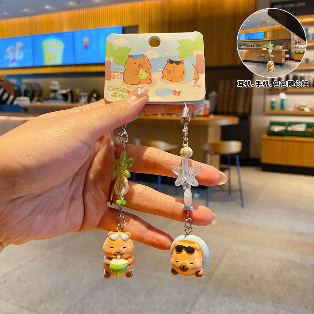 Beach capybara beaded keychain charm pair