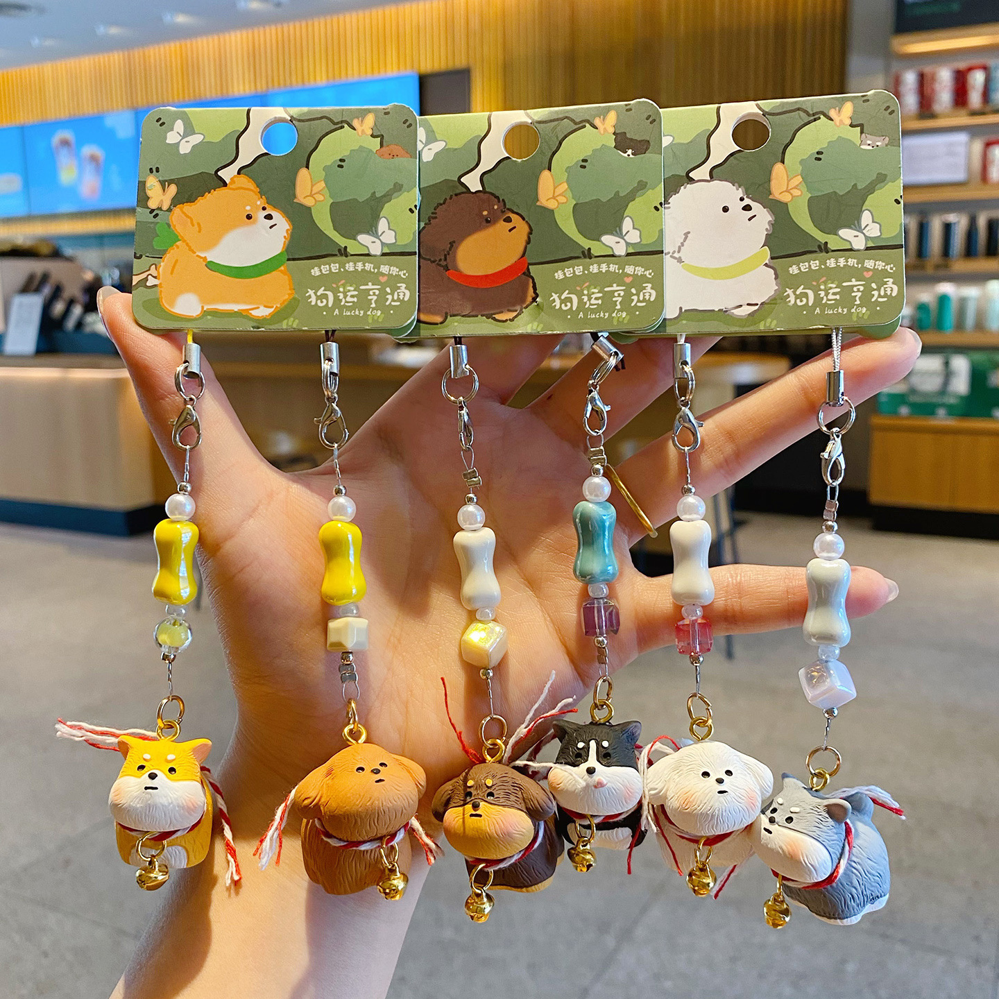 Shiba Inu and Teddy Poodle puppy keychain charm pair, Dachshund and Husky puppy keychain charm pair, and Bichon Frise and Schnauzer puppy keychain charm pair