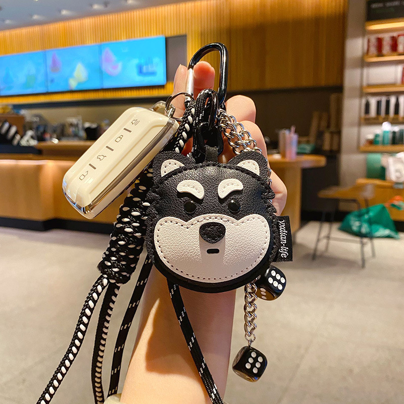 DIY Husky dog leather keychain charm attached to a car key fob