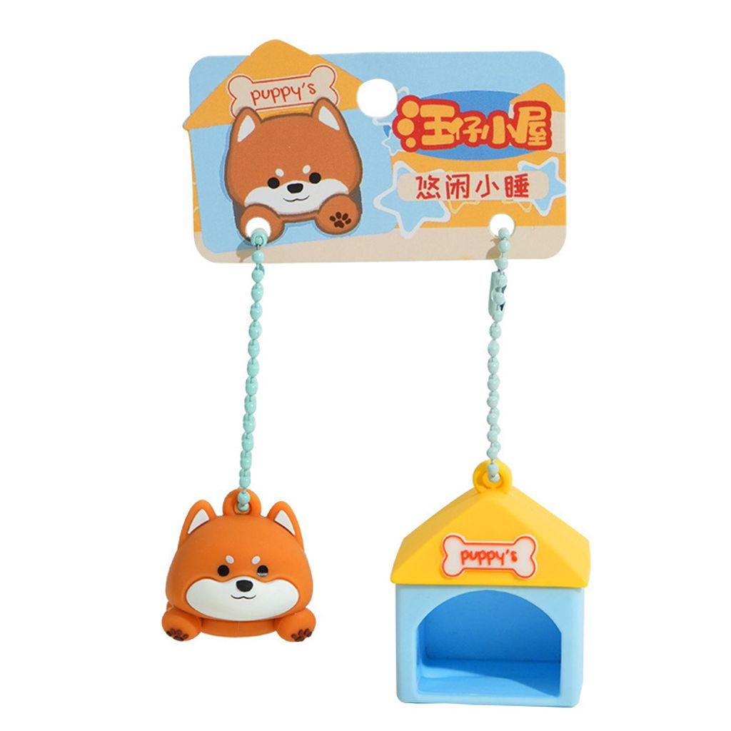 Cute Shiba Inu puppy house keychain charm on white background