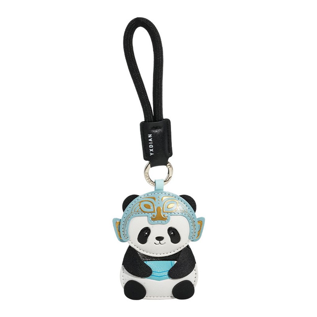 Panda leather keychain charm with Sanxingdui mask design on white background