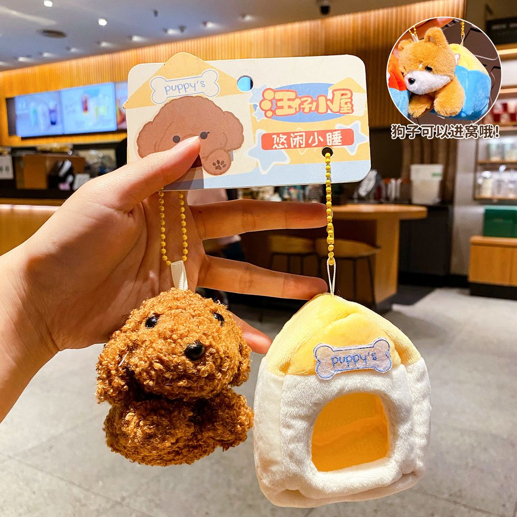 Cute Poodle plush puppy with removable mini house keychain charm