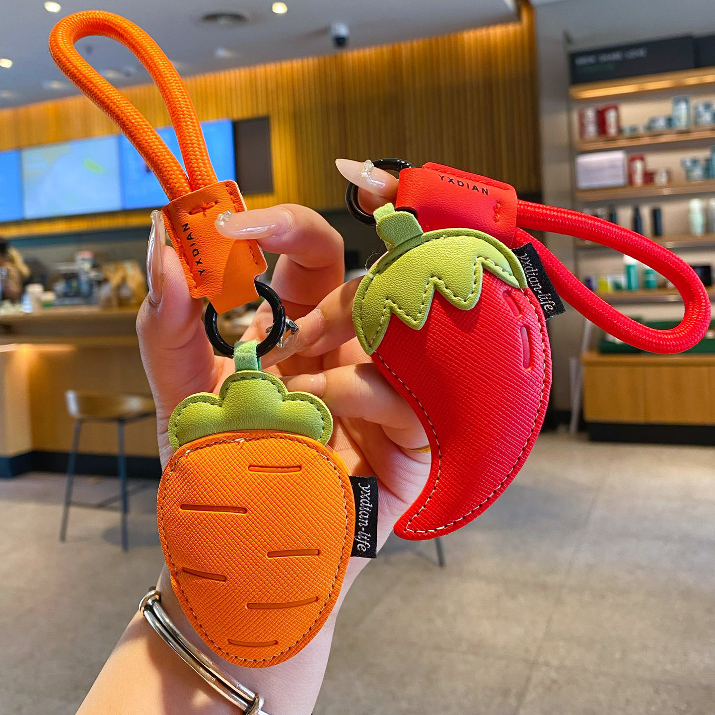 Carrot and chili vegetable leather keychain charms