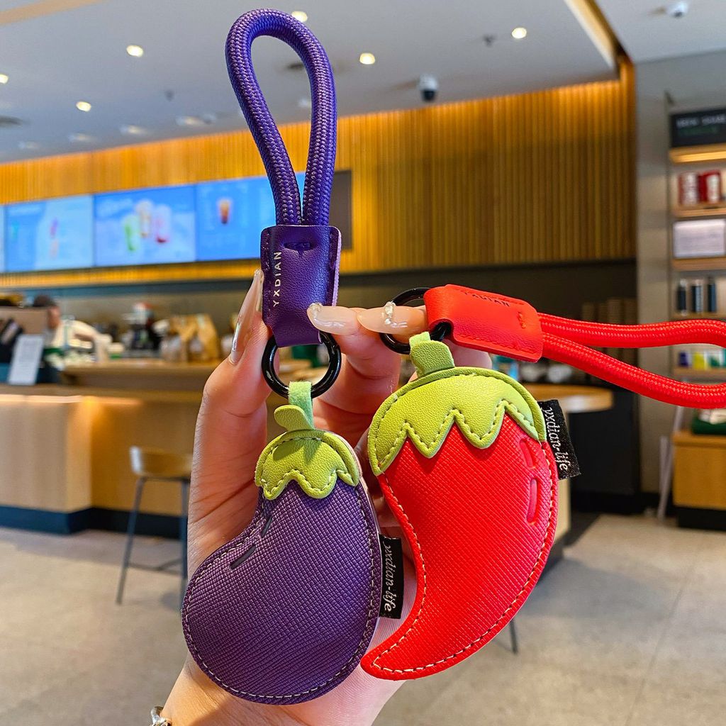 Eggplant and chili pepper vegetable leather keychain charms