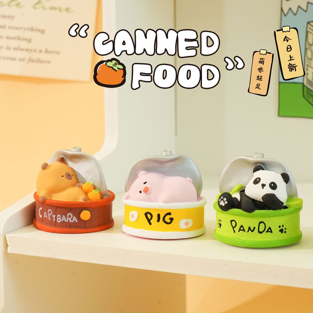 Cute canned food animal mini figurines featuring some of the available designs
