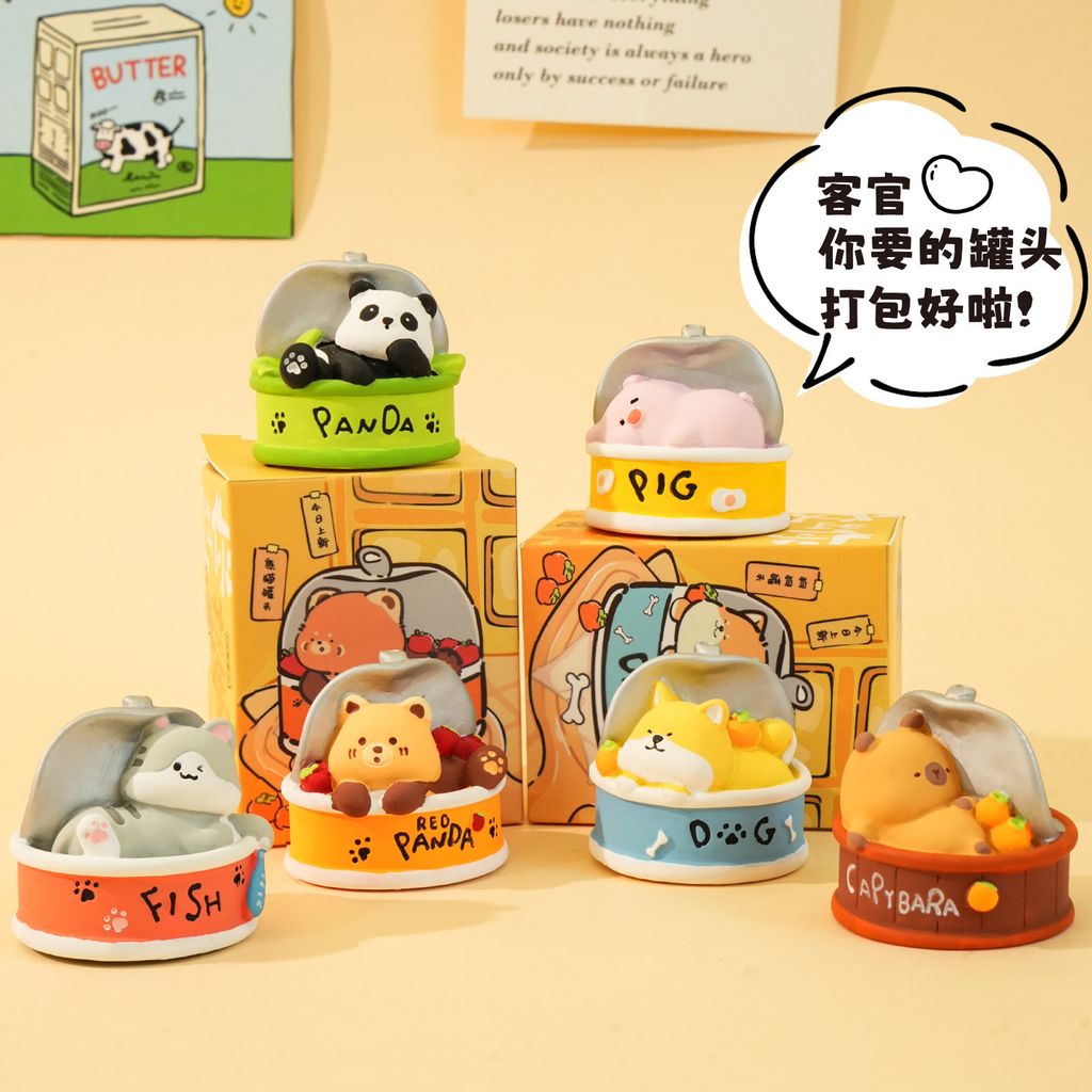 Cute canned food animal mini figurines featuring all six designs