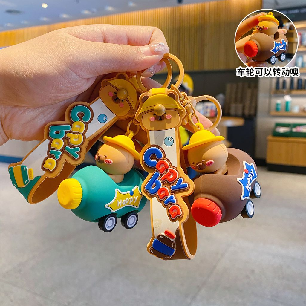 Cute capybara cola bottle car keychain charms in turquoise and brown