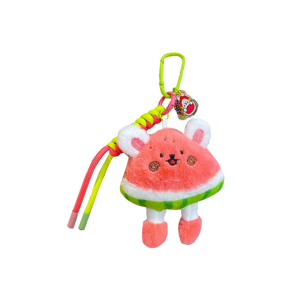 Cute watermelon rabbit plush keychain charm on white background